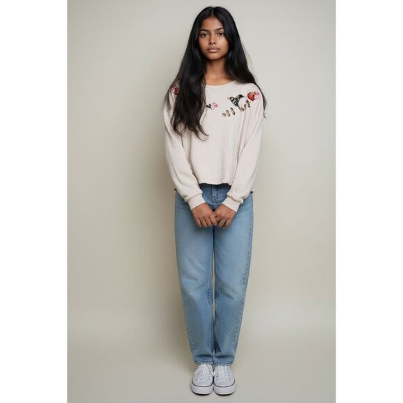 Disney LC Lauren Conrad Embroidered Bird & Floral Pullover Cropped Sweatshirt Sw - Picture 3 of 9